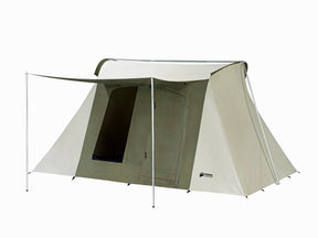 Khaki canvas tent with spacious design, features an entrance and durable poles, ideal for camping trips.