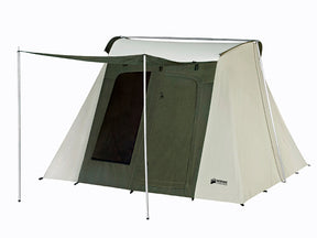 Large canvas camping tent in olive green and beige with aluminum frame and front awning.