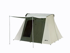 Large camping tent in green and beige, made with durable canvas, featuring a spacious design for outdoor adventures.