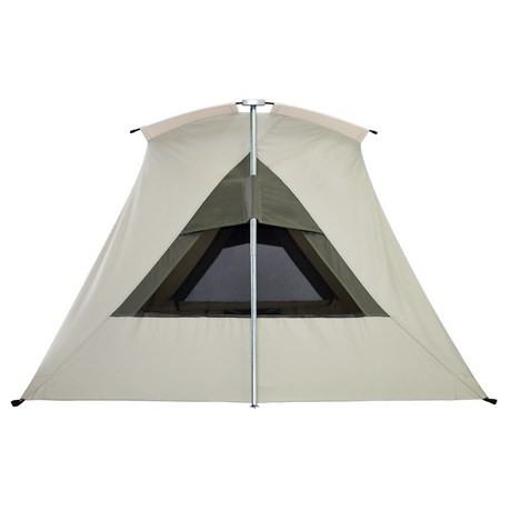 Beige camping tent with triangular design, durable fabric, and ventilation window for outdoor use.