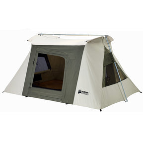 Kodiak Canvas tent in tan and olive green, durable cotton material, featuring large windows and spacious interior.