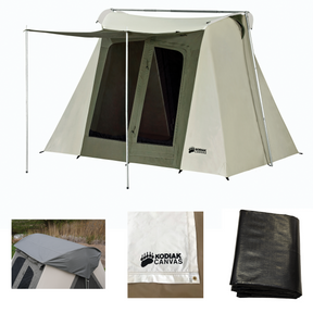 Kodiak Canvas tent in beige with windows and poles, includes canvas rain fly and protective tarp.