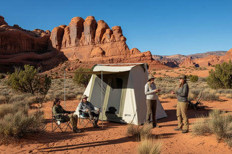 Four campers enjoying outdoor activities near a spacious beige and green tent in a desert landscape.