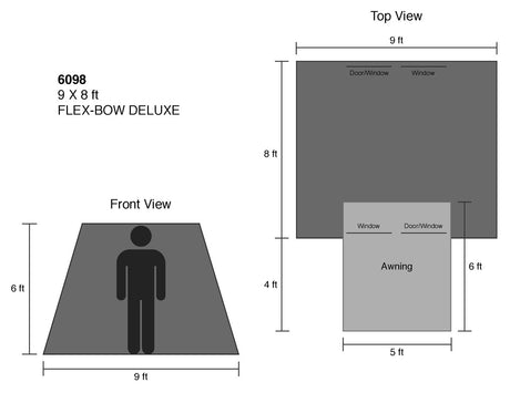 Flex-Bow Deluxe tent 9x8 ft, features front windows and awning for easy access and ventilation.