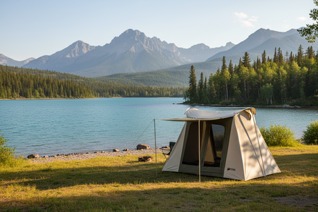 Spacious beige camping tent by a lake, featuring mesh windows and a sturdy design for outdoor adventures.