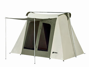 Spacious beige camping tent with a porch; features large mesh windows and durable fabric material.