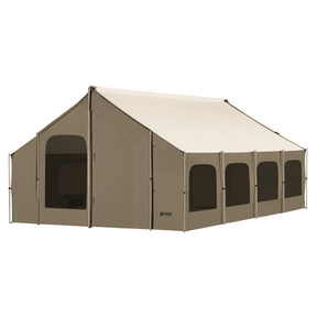 Large beige outdoor tent with windows, durable material, perfect for events and camping.