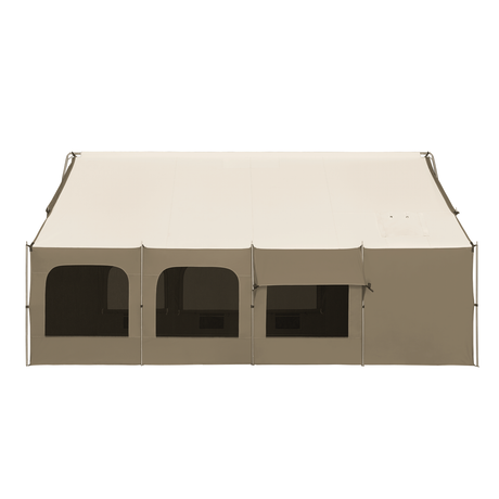 Spacious beige outdoor tent with large windows, durable material, ideal for events and gatherings.