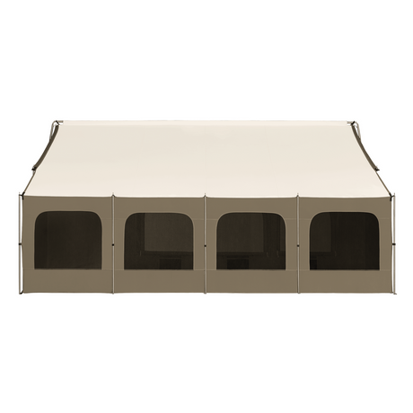 Large beige outdoor tent with mesh windows, ideal for events and gatherings.