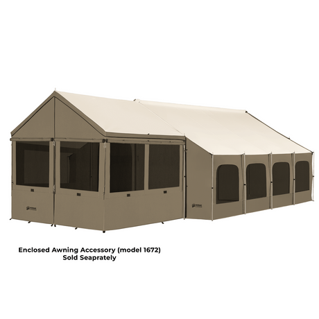 Brown enclosed awning accessory for tents, model 1672, featuring mesh windows and durable fabric.