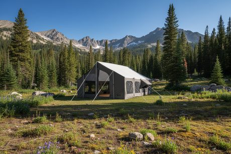 Spacious gray camping tent with mesh windows, set in a scenic forested area with mountains in background.