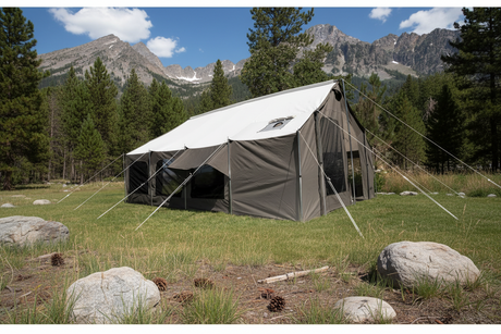 Spacious brown camping tent with white roof, mesh windows, set against a scenic mountain backdrop.