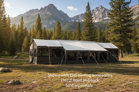 Spacious outdoor camping tent in gray with two awnings, ideal for family adventures in nature.