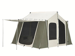 Spacious two-room canvas tent in olive green and beige, with mesh windows and a front awning.