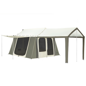 Spacious outdoor tent with mesh windows, green and white color, ideal for camping and family gatherings.