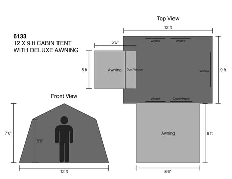 12x9 ft cabin tent with deluxe awning, features multiple windows and spacious design for camping.