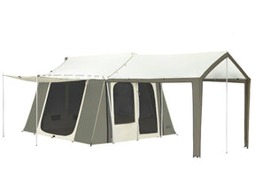 Spacious two-room camping tent in olive green and white, featuring mesh windows and a canopy.