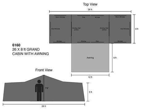 26x8 ft Grand Cabin Diagram with Awning, showcasing door and window placement.