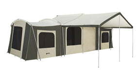 Spacious outdoor camping tent in green and beige, featuring large windows and a sturdy frame.