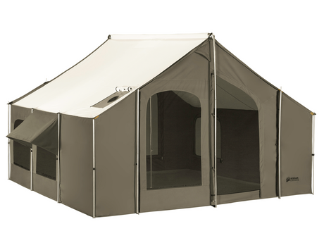 A view from the front left angle of the 7173 Cabin Lodge Stove-Ready camping tent 