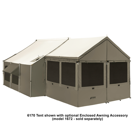 cabin lodge tent shown with optional awning accessory attached