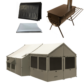 Deluxe camping tent set with black tarp, silver ground sheet, and wood stove, durable and spacious.