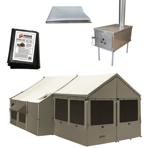 Kodiak Canvas camping tent in olive green with ground tarp, wood stove, and durable construction for camping.