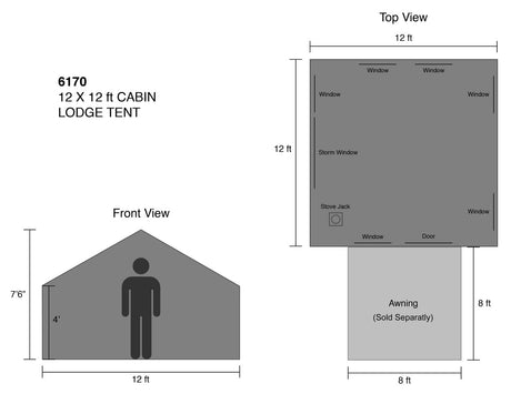 12x12 ft cabin lodge tent diagram showing height, length and width dimensions. Image also shows placement of windows and stove jack. 