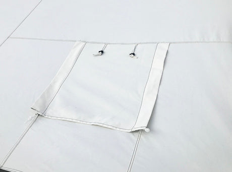 Image showing a close-up of the stove jack on the roof of the cabin lodge tents. The stove jack is closed in this picture. 