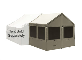 Outdoor tent attachment in khaki with mesh windows, perfect for camping; tent sold separately.