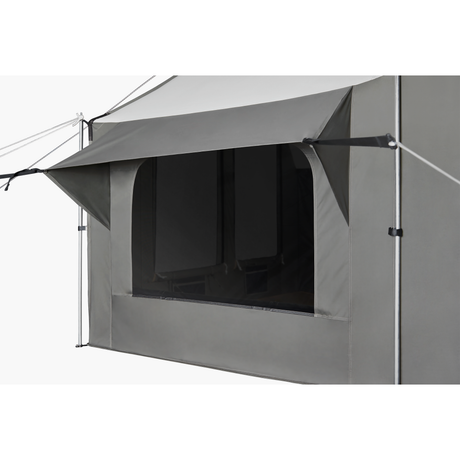 closeup of the storm window on a cabin lodge tent