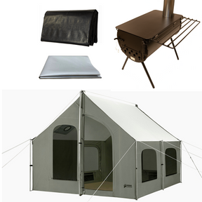 Deluxe canvas camping tent set with wood stove, black tarp, and grey ground sheet for outdoor adventures.