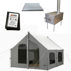 Kodiak Canvas camping tent set with gray canvas, steel stove, and ground tarp for outdoor camping.
