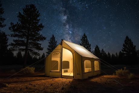 Spacious outdoor camping tent, cream color, with large windows and LED lighting under starry sky.