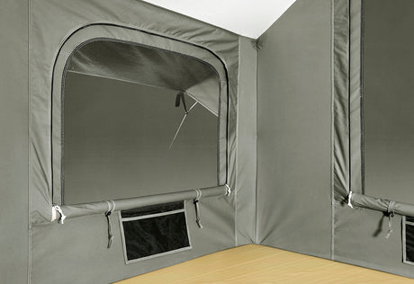 Gray camping tent interior featuring mesh windows and zipper closures for ventilation and privacy.