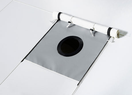 Gray waterproof mat with a circular opening and secure hooks for easy installation and use.