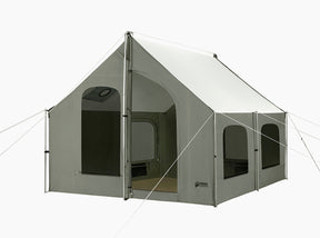 Spacious gray canvas camping tent with large windows and front entrance, ideal for outdoor adventures.