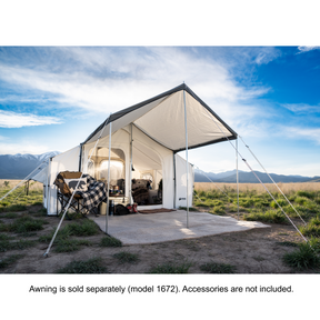 glamping tent cabin style canvas tent Kodiak Canvas exterior view shown with optional awning.