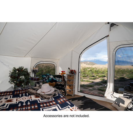 glamping tent additional interior view with spacious cabin layout with tall ceilings and windows