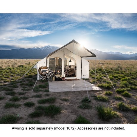 glamping tent cabin style canvas tent exterior view with optional awning at sunset. 