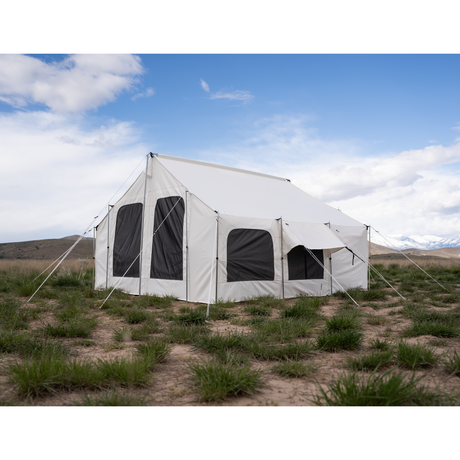 glamping tent rear view large cabin style canvas tent with windows