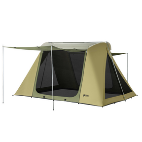 Large olive green camping tent with mesh windows, durable material and sun shade for outdoor adventures.