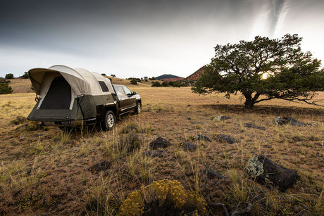 Black truck with beige rooftop tent in grassy landscape, perfect for camping and outdoor adventures.