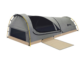 Canvas camping tent in gray with mesh windows and easy access entrance.