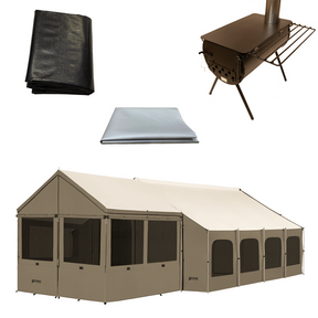 Large beige camping tent with black stove, black tarp, and gray cover for outdoor activities.
