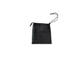 Black drawstring pouch made of lightweight material, perfect for storage and travel.