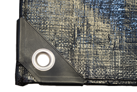 Heavy-duty black tarp with grommets, textured surface for durability and easy installation.
