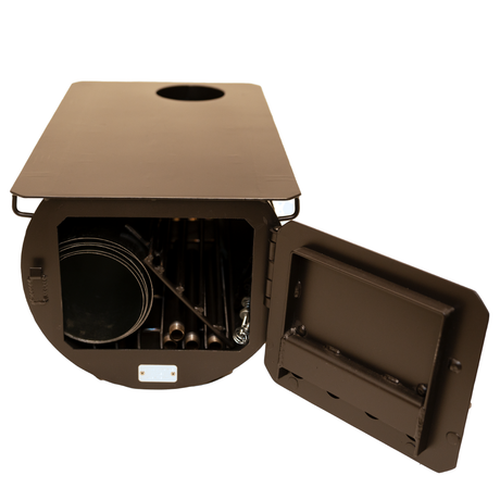 Brown metal storage box with open door, showing interior tools and accessories for outdoor activities.