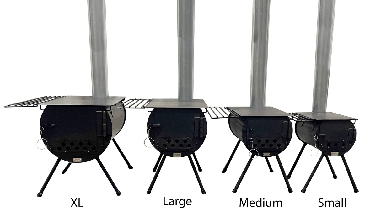 Stove line up showing XL, Large, Medium, and Small Stoves