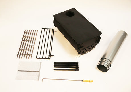 Portable black smoker kit with stainless steel chimney, grilling racks, and essential tools for outdoor cooking.
